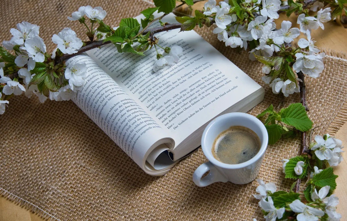 Photo wallpaper flowers, coffee, branch, Cup, book