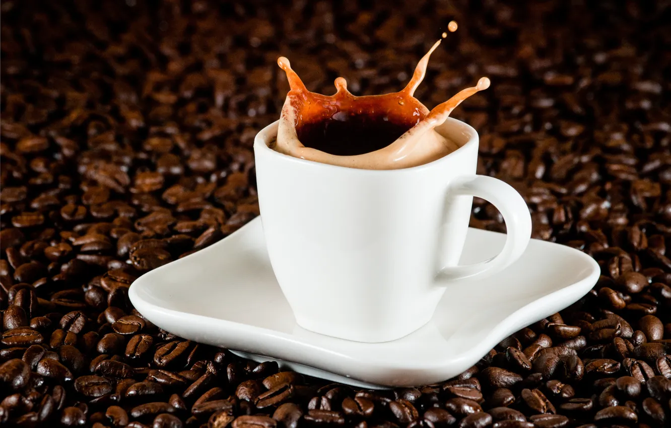 Photo wallpaper foam, squirt, coffee, grain, splash, Cup, drink, saucer