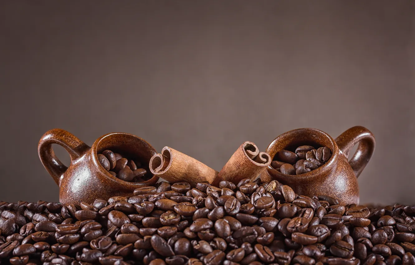 Photo wallpaper Cup, coffee beans, cinnamon sticks