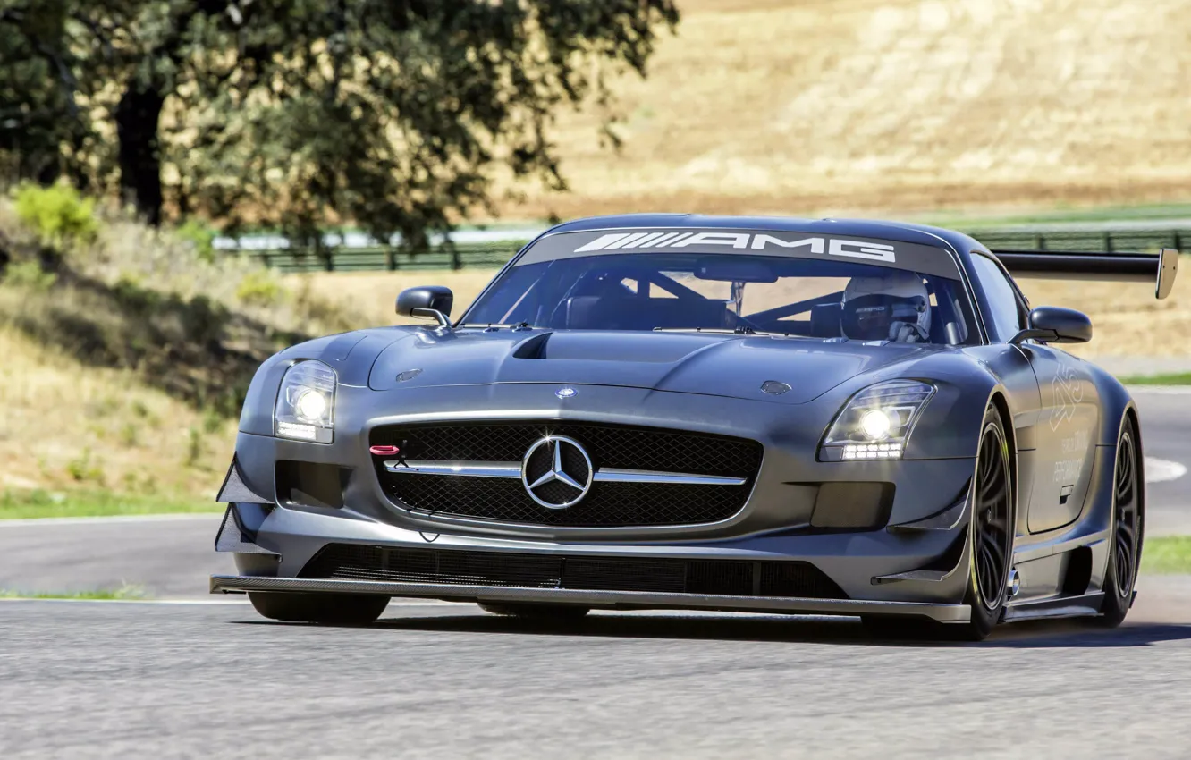 Photo wallpaper movement, tree, tuning, front view, AMG, SLS, Mercedes-Benz, Mercedes-Benz SLS