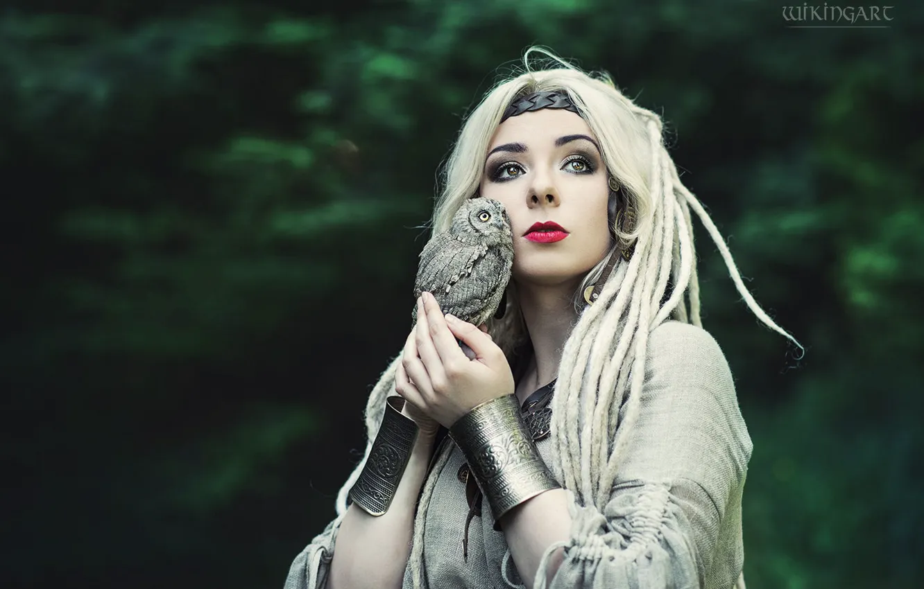 Photo wallpaper look, girl, decoration, nature, face, style, owl, bird