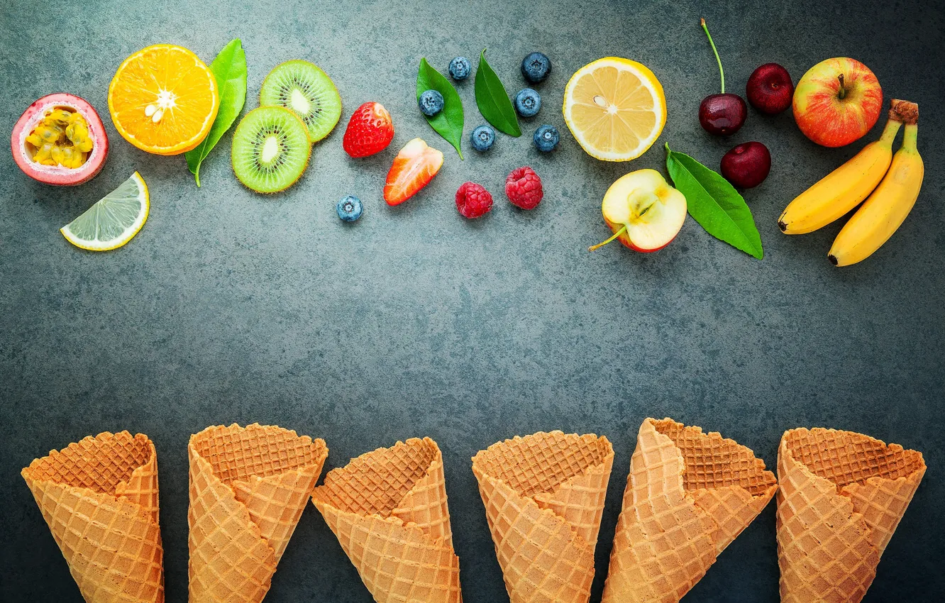 Photo wallpaper lemon, orange, kiwi, blueberries, leaves, berries, raspberry, cherry