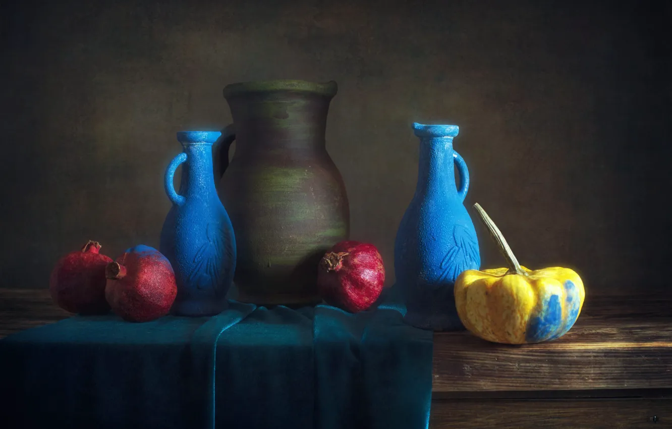 Photo wallpaper blue, table, paint, contrast, fabric, pumpkin, pitcher, fruit