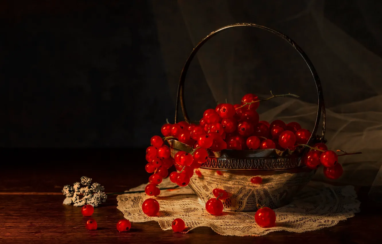Photo wallpaper light, red, berries, the dark background, table, still life, basket, currants