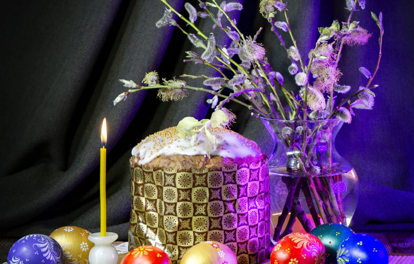 Photo wallpaper table, holiday, eggs, bouquet, spring, candles, Easter, vase