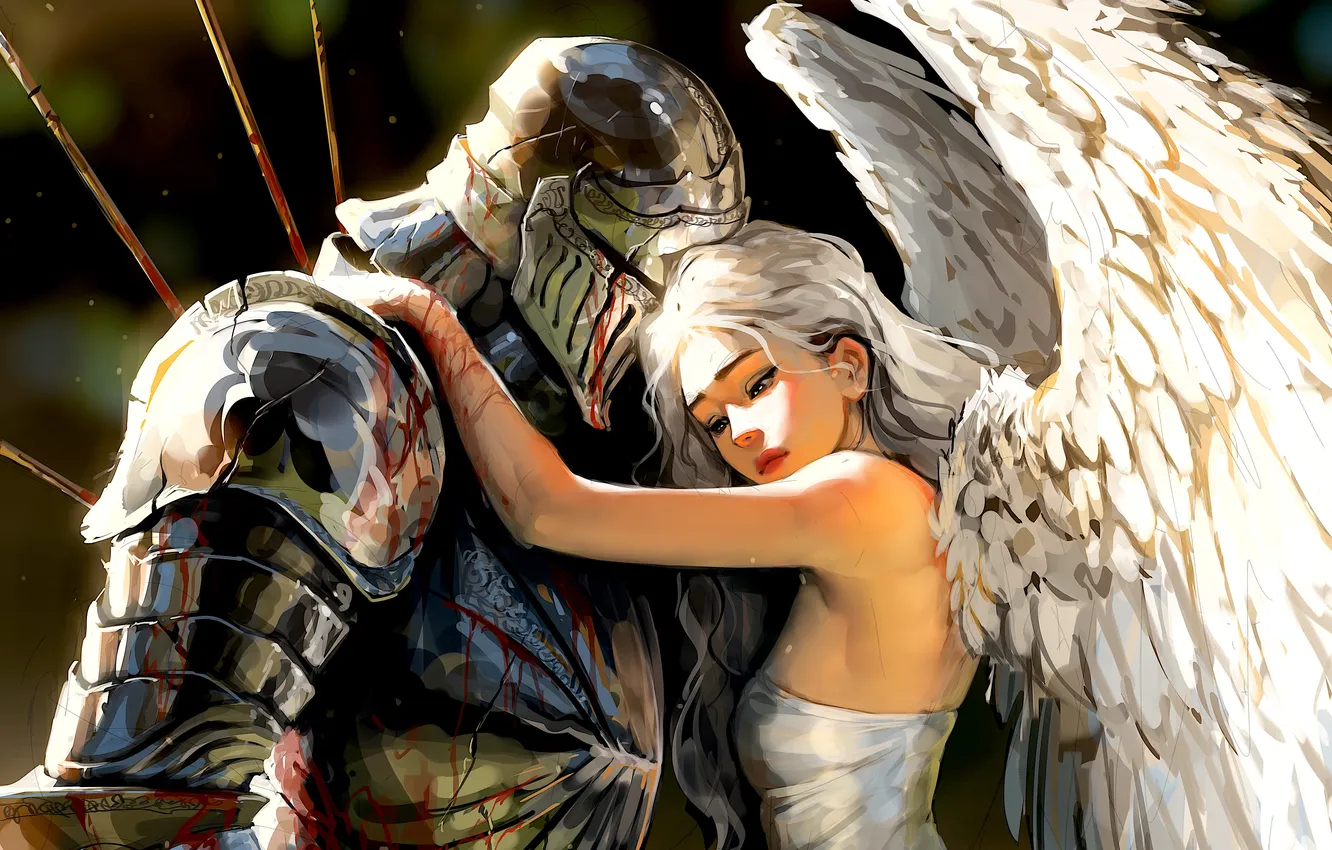 Photo wallpaper girl, blood, fantasy, armor, wings, mood, angel, digital art