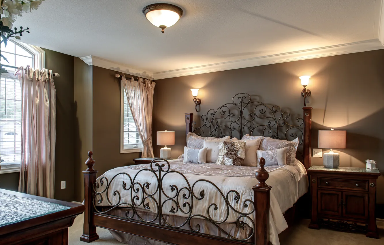 Photo wallpaper design, lamp, bed, pillow, curtains, forging, bedroom, chest