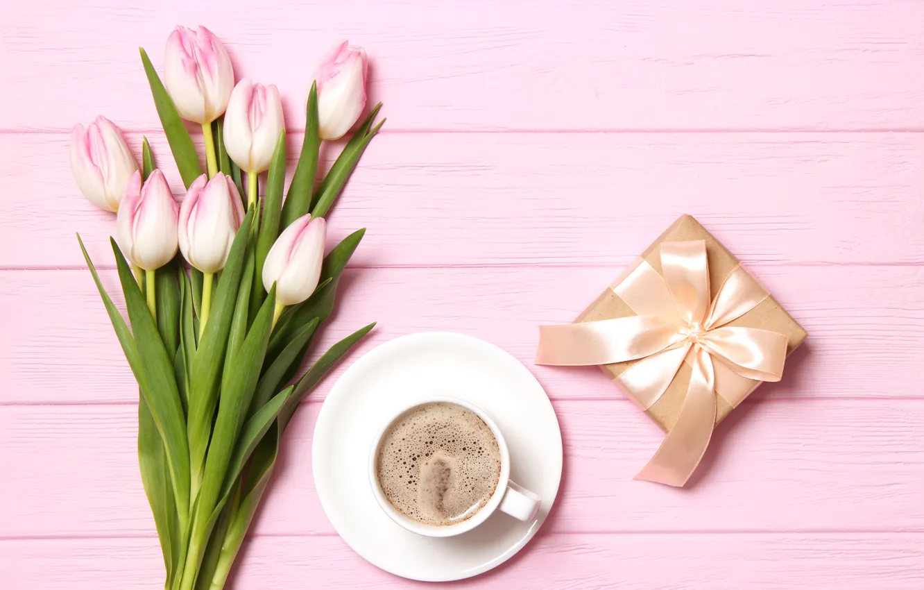 Photo wallpaper flowers, gift, bouquet, tulips, pink, wood, pink, flowers