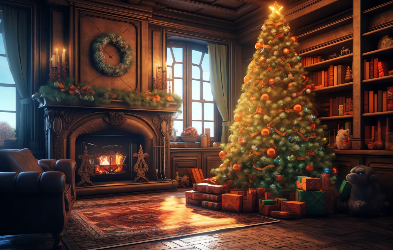 Photo wallpaper lights, comfort, heat, room, flame, new year, home, interior