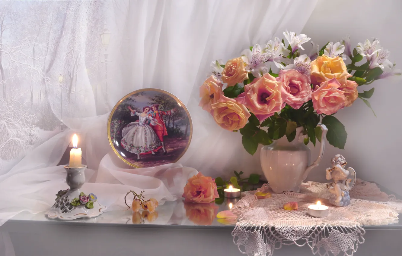 Photo wallpaper flowers, roses, picture, candles, petals, grapes, figurine, pitcher