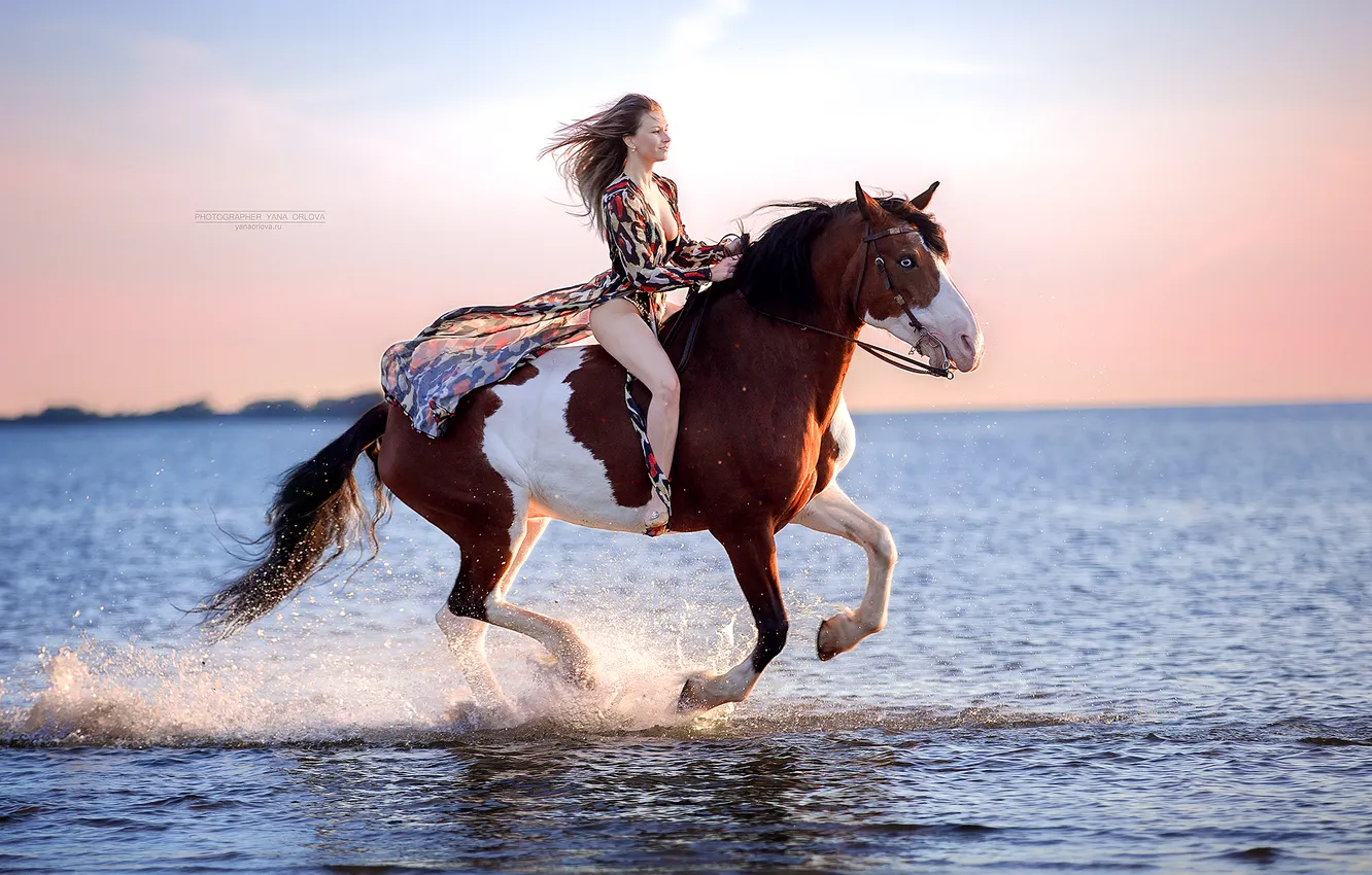 Photo wallpaper beach, woman, horse