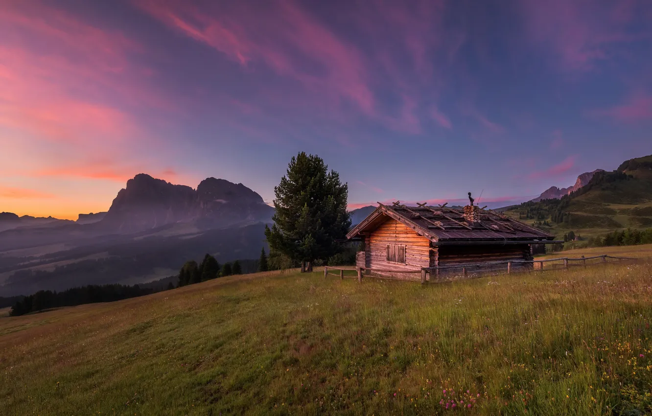 Photo wallpaper sunset, mountains, house