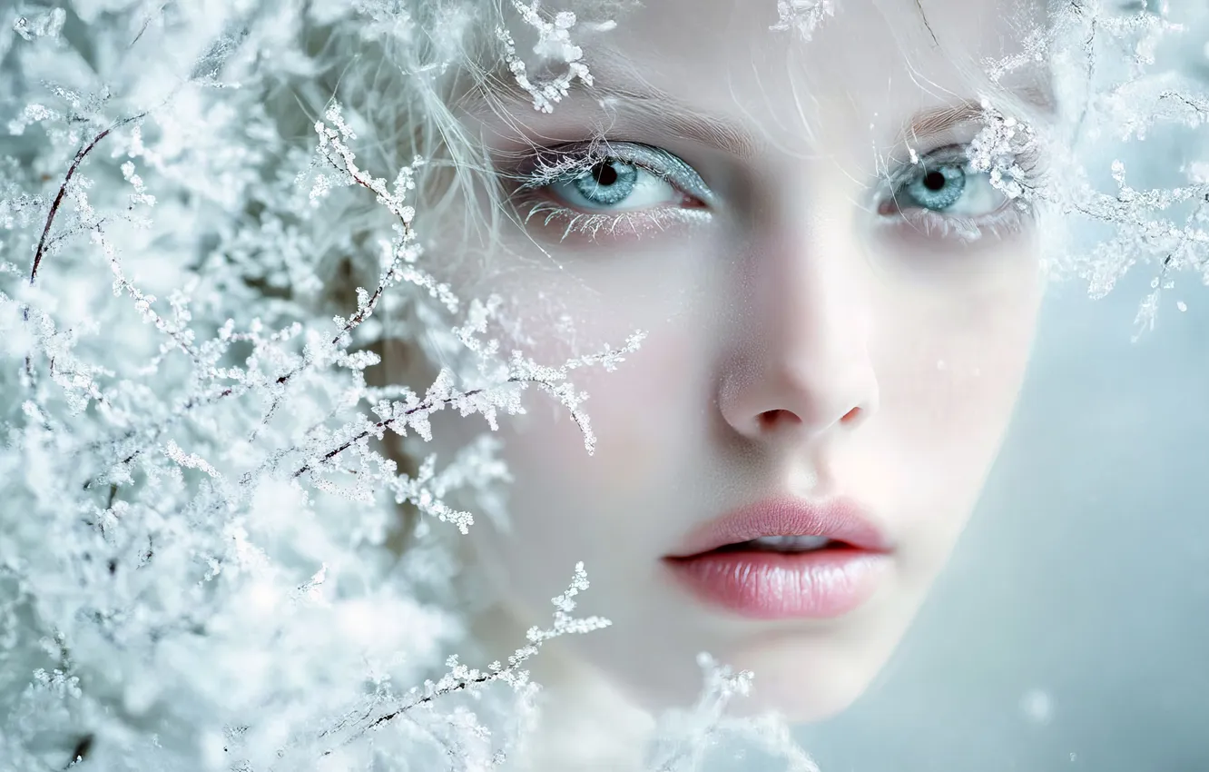Photo wallpaper ice, winter, frost, look, girl, snow, branches, face