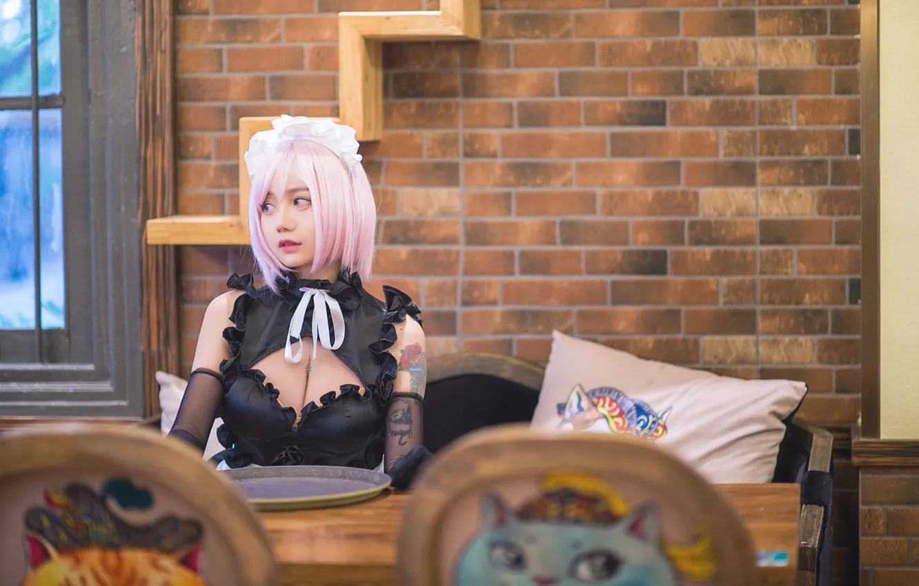 Photo wallpaper sexy, neckline, Asian, cutie, brick wall, asian, cutie, asian girls