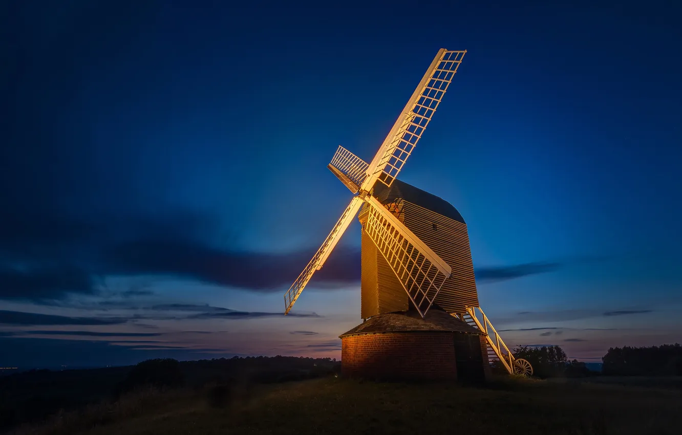 Photo wallpaper clouds, light, night, windmill