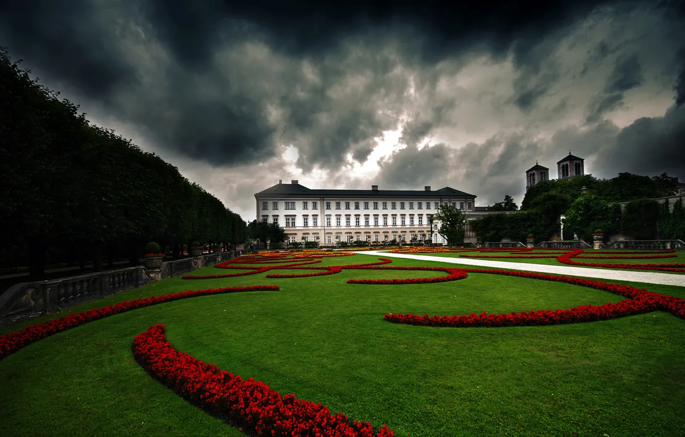 Photo wallpaper grass, flowers, clouds, house, Park, castle, the fence, Palace