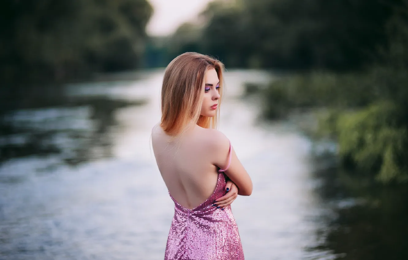 Photo wallpaper girl, nature, river, back, dress, beautiful, bokeh, Anastasia