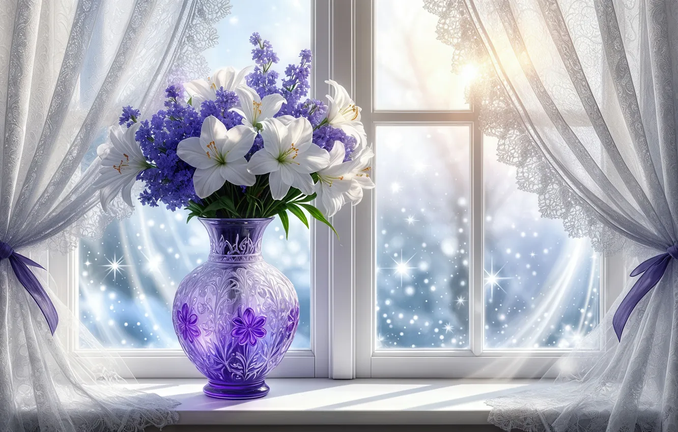 Photo wallpaper flowers, window, bouquet