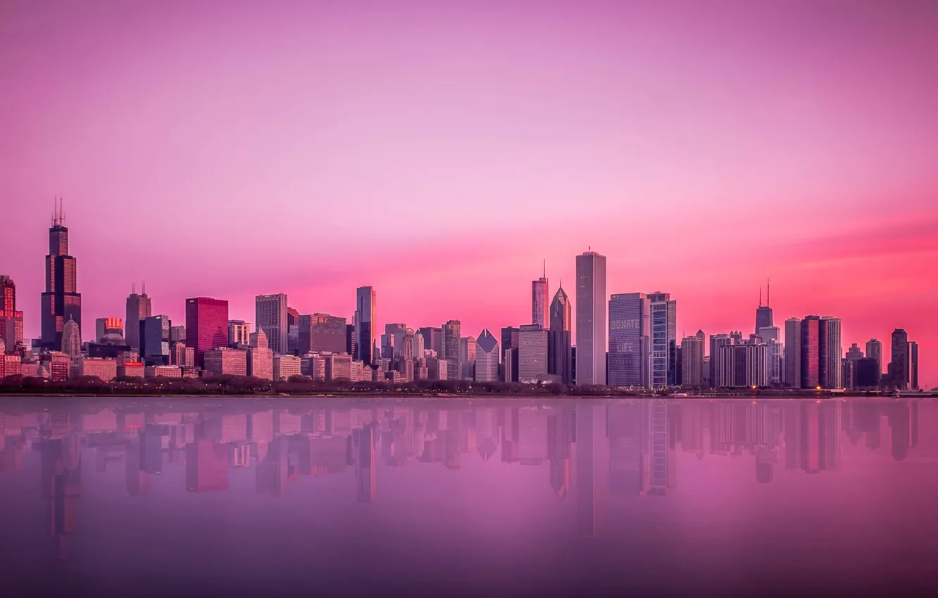 Photo wallpaper sunset, reflection, mirror, horizon, Chicago, Il, lake Michigan