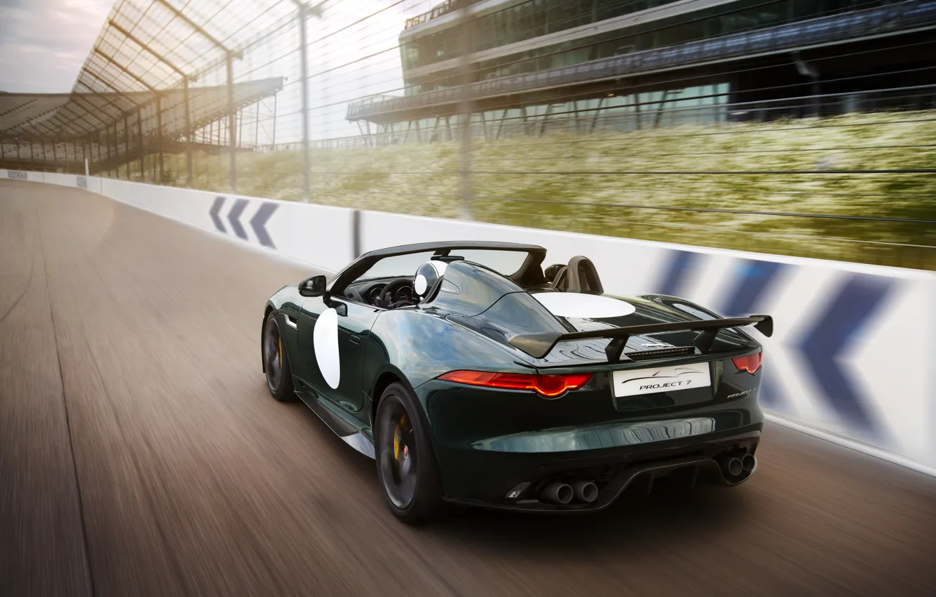 Photo wallpaper asphalt, movement, speed, track, Jaguar, the fence, rear view, wing