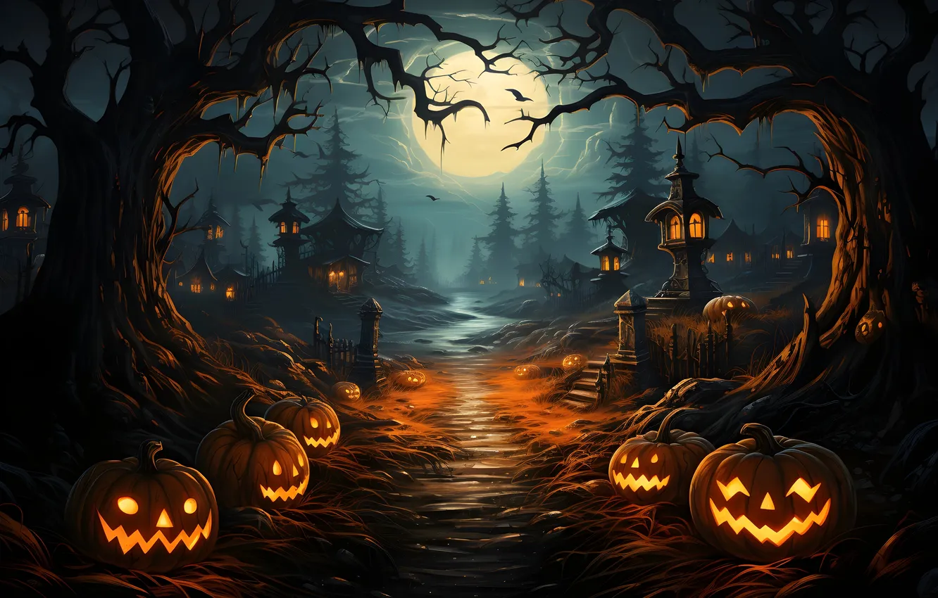 Photo wallpaper trees, night, the moon, home, Halloween, pumpkin, bats, Halloween