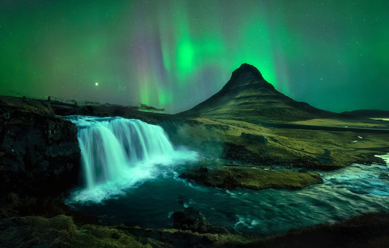 Photo wallpaper mountains, night, river, waterfall, beauty, Norway, the flow of water, Iceland