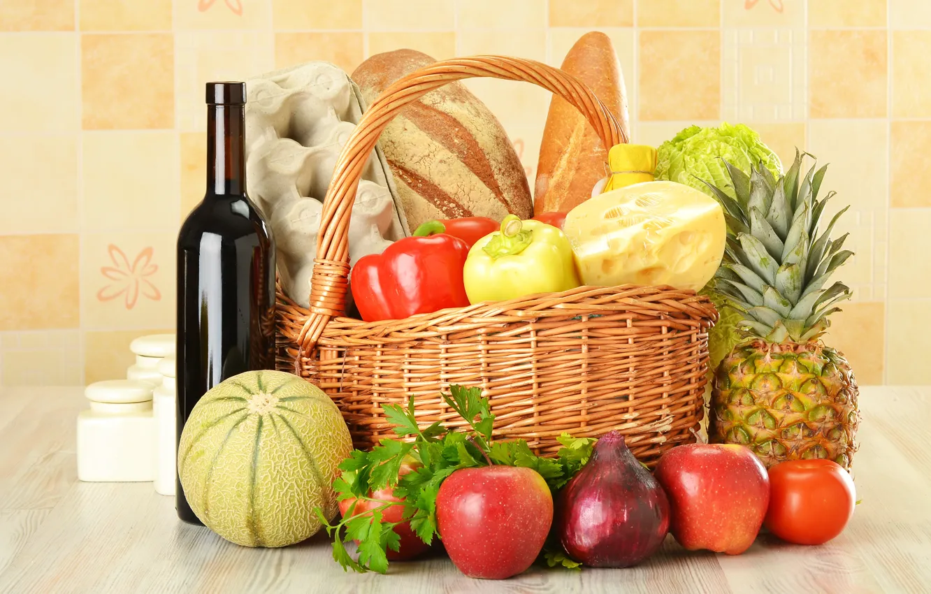 Photo wallpaper red, wine, basket, apples, bottle, eggs, cheese, bow