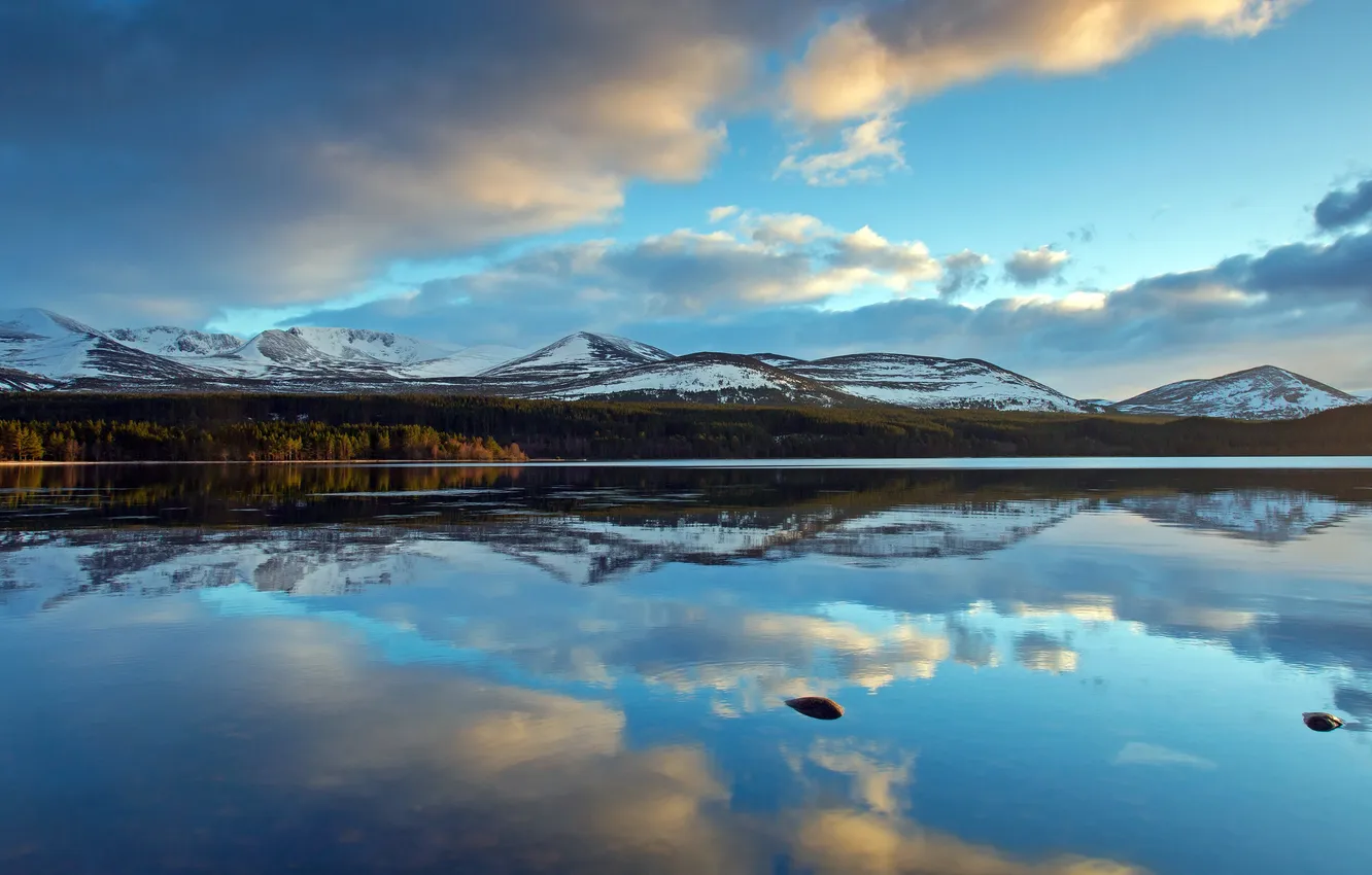 Photo wallpaper clouds, lake, Scotland, the reflection in the water, Scotland, blue sky, Cairngorms National Park, Loch …