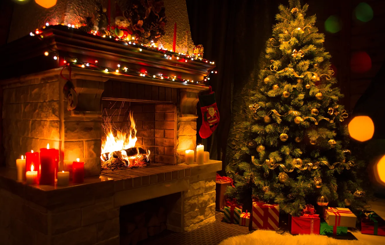 Photo wallpaper fire, tree, candles, Christmas, gifts, New year, flame, tree