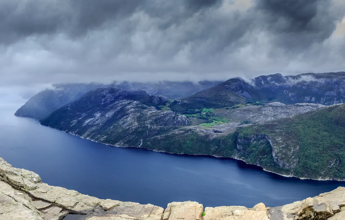 Photo wallpaper landscape, mountains, clouds, river, rocks, the fjord
