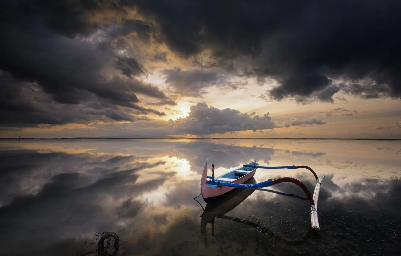 Photo wallpaper the sky, clouds, landscape, sunset, nature, lake, boat, the evening