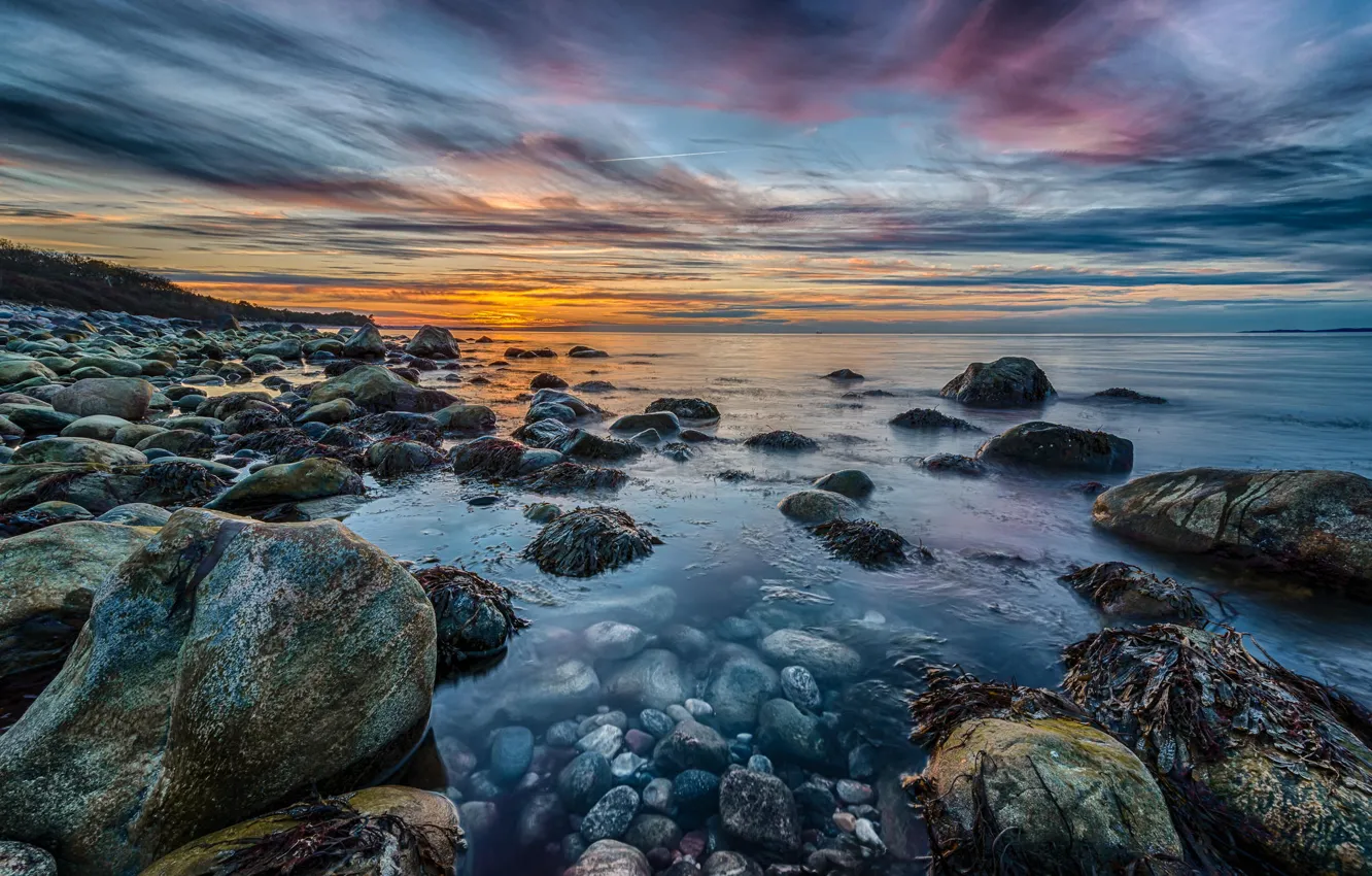 Photo wallpaper landscape, stones, dawn, shore, horizon