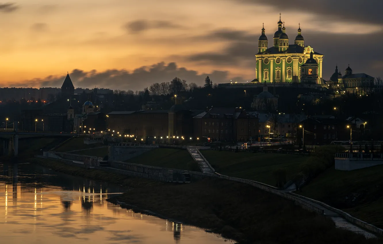 Photo wallpaper night, the city, river, The Cathedral of the assumption, Smolensk