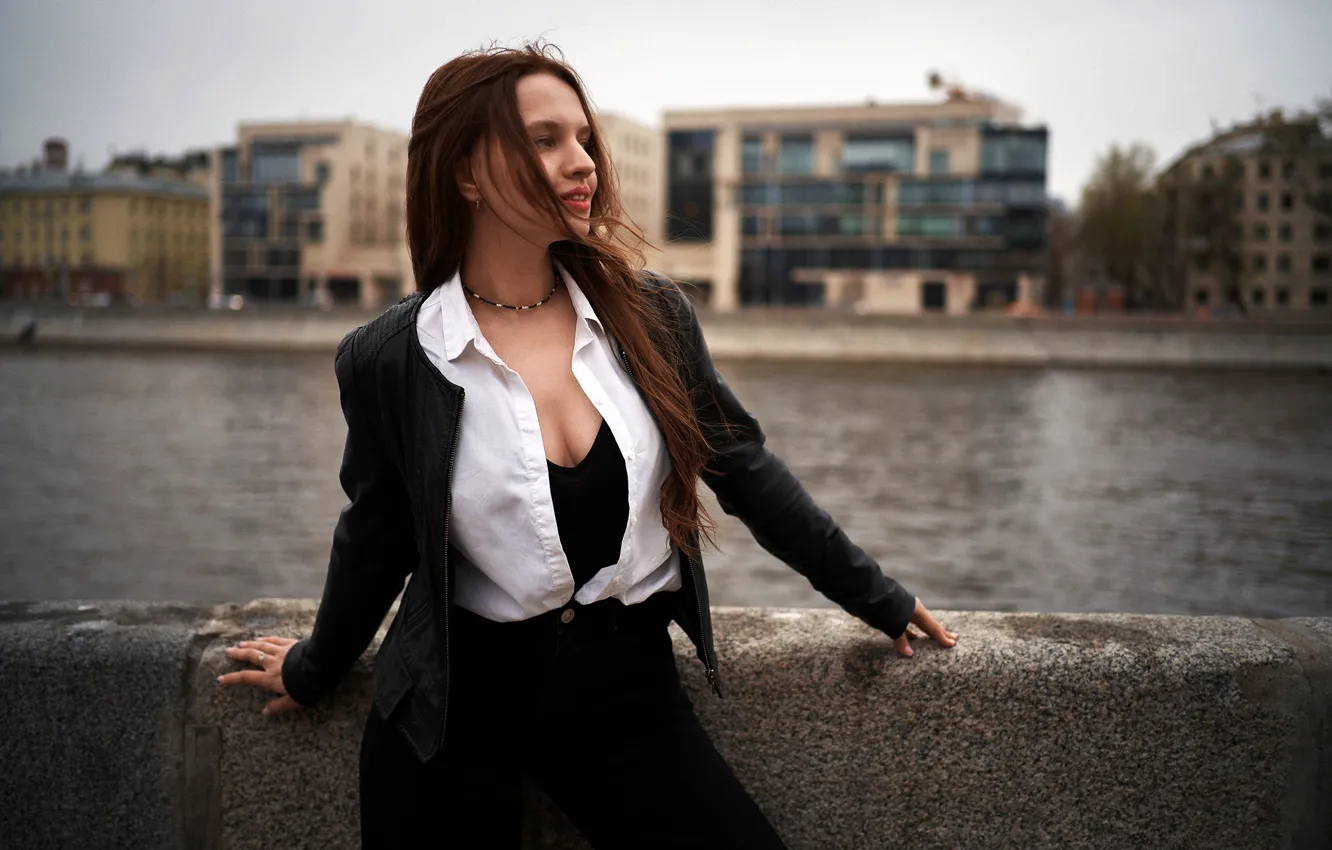 Photo wallpaper pose, river, model, portrait, home, makeup, figure, jacket