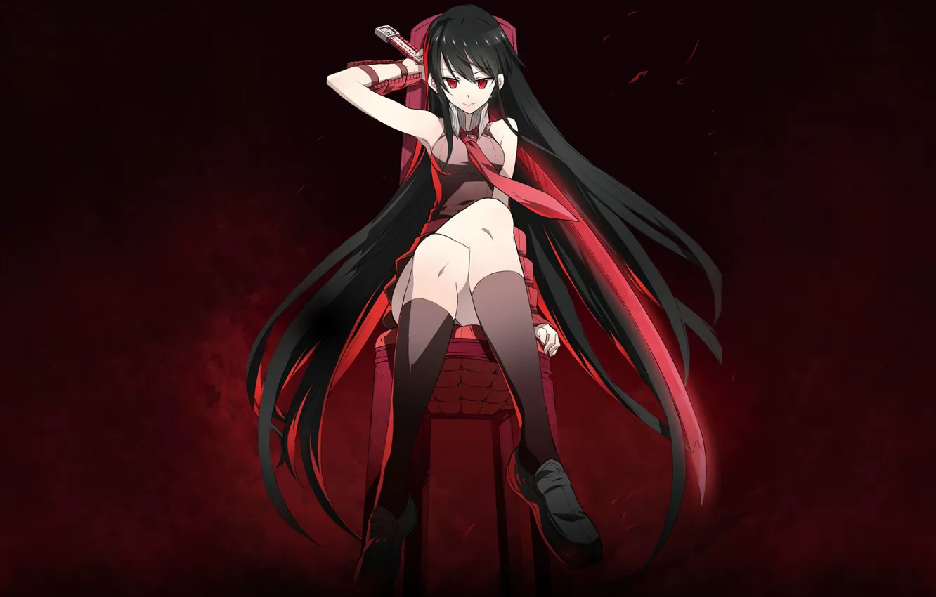 Photo wallpaper girl, katana, chair, Akame, Akame ga kill, akame GA kill, night raid