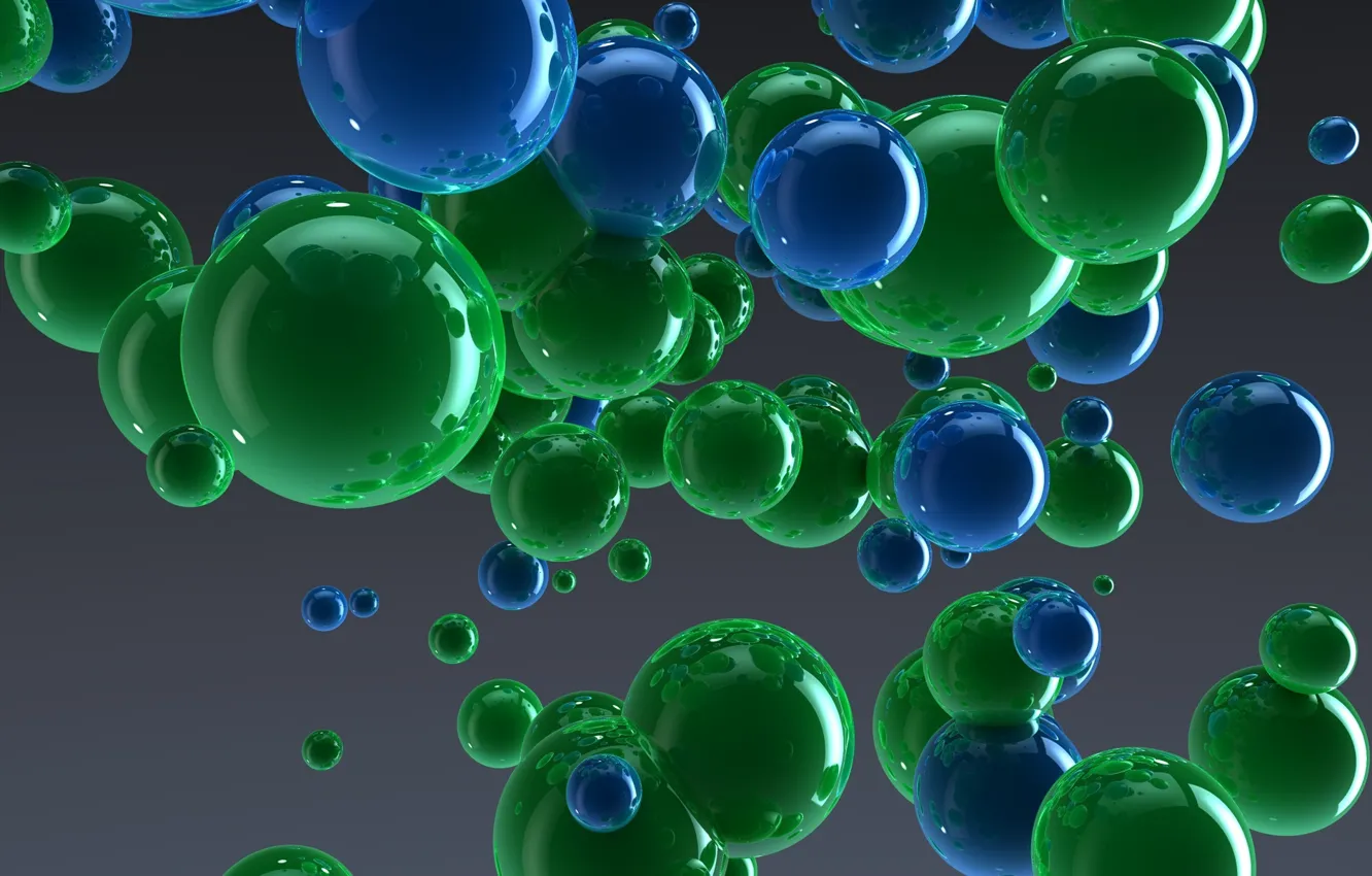 Photo wallpaper drops, balls, green, reflection, blue, balls, art, grey background
