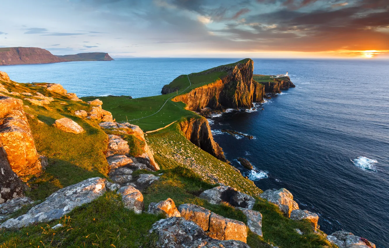 Photo wallpaper sea, the sky, sunset, stones, rocks, coast, lighthouse, Scotland