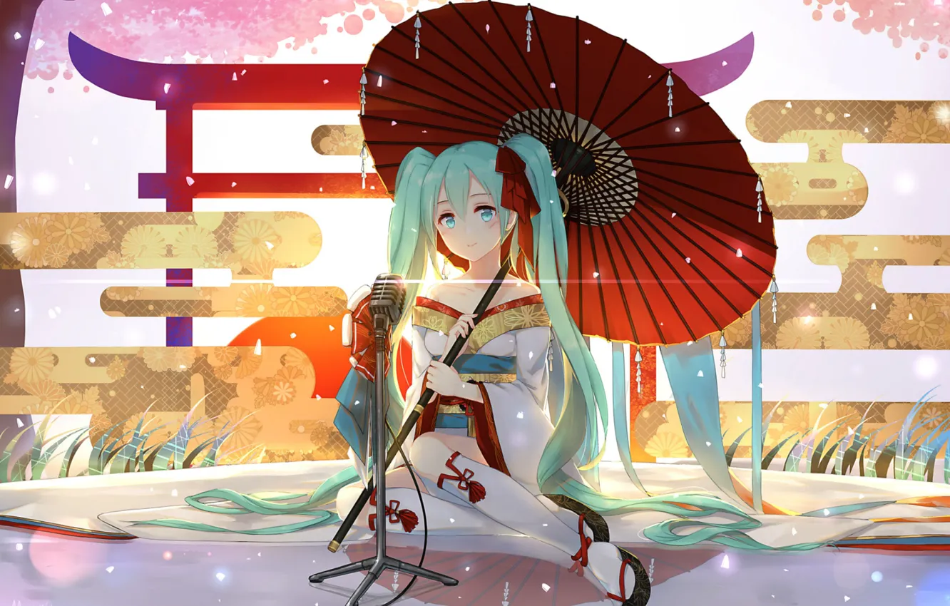 Photo wallpaper Japan, geisha, microphone, kimono, knee, hairstyle, vocaloid, Hatsune Miku