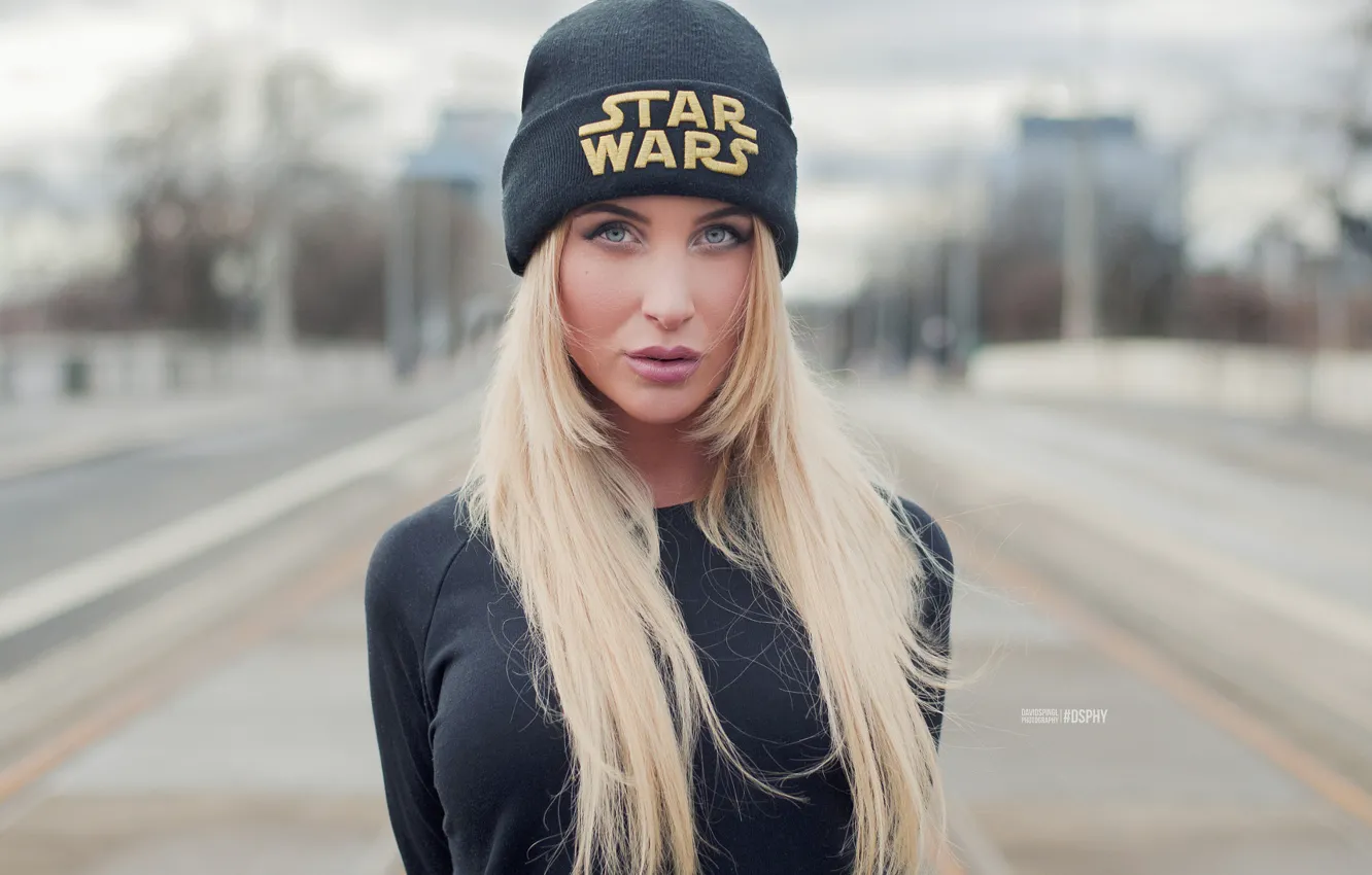 Photo wallpaper road, look, background, model, hat, portrait, makeup, hairstyle