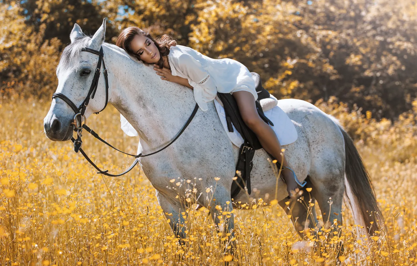 Photo wallpaper summer, girl, flowers, nature, horse, horse, brunette