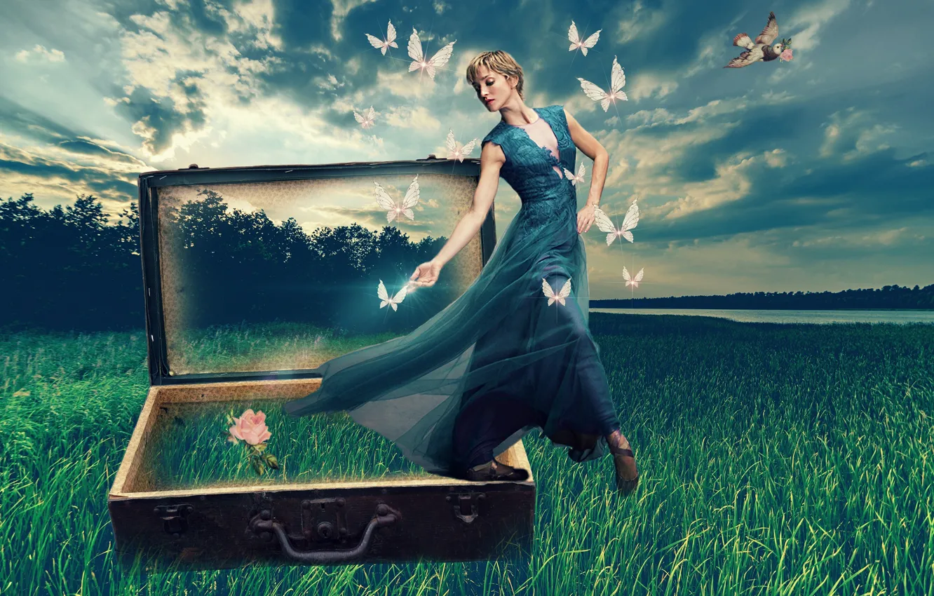 Photo wallpaper greens, field, summer, the sky, grass, girl, clouds, trees