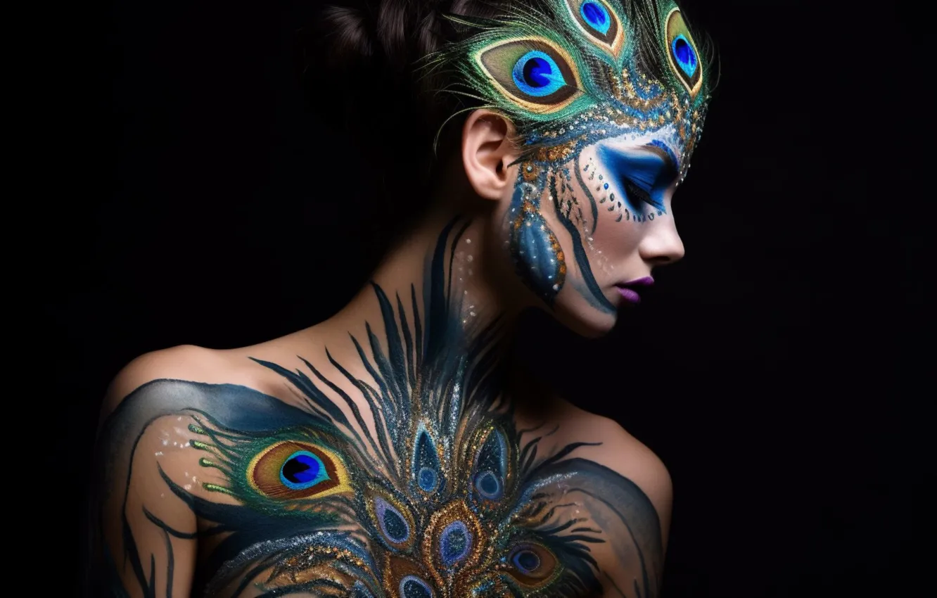 Photo wallpaper girl, painting, makeup, peacock feathers, body art, AI art
