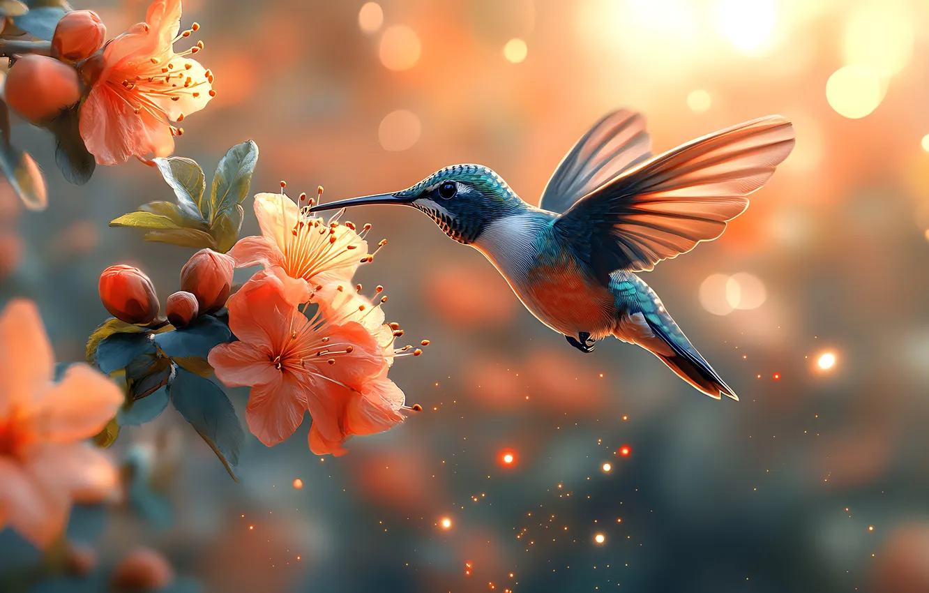 Photo wallpaper light, flight, flowers, nature, bird, Hummingbird, bokeh, AI art