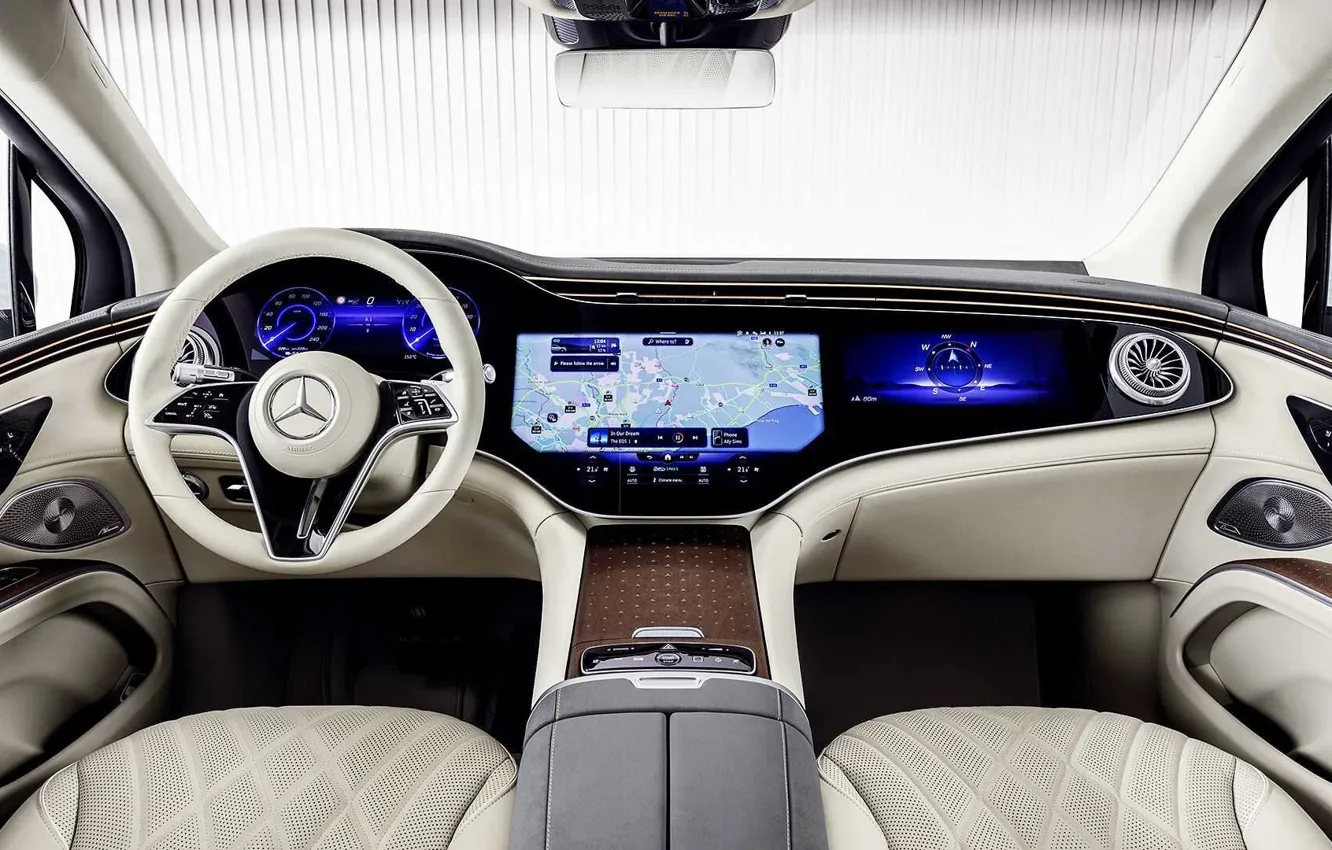 Photo wallpaper design, Mercedes-Benz, the wheel, console, SUV, the interior of the car, dashboard, EQS