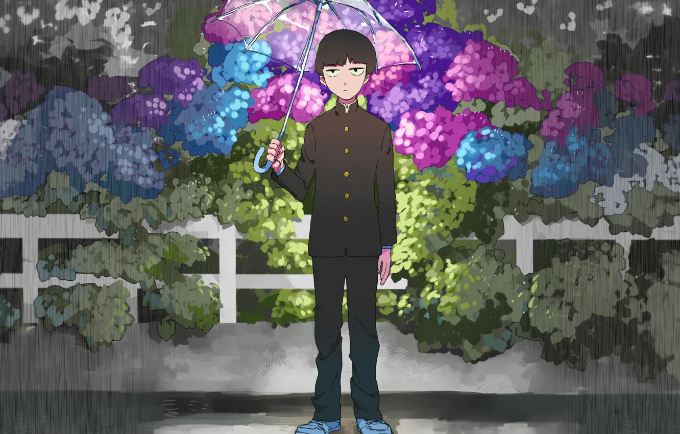 Photo wallpaper flowers, rain, umbrella, guy, Mob Psycho 100, Kageyama Shigeo, Mob psycho 100