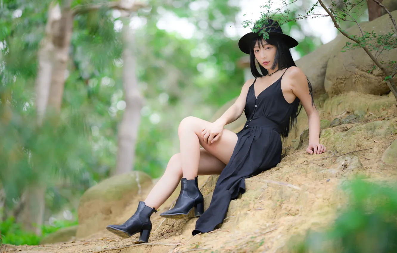 Photo wallpaper look, pose, model, portrait, hat, makeup, figure, dress