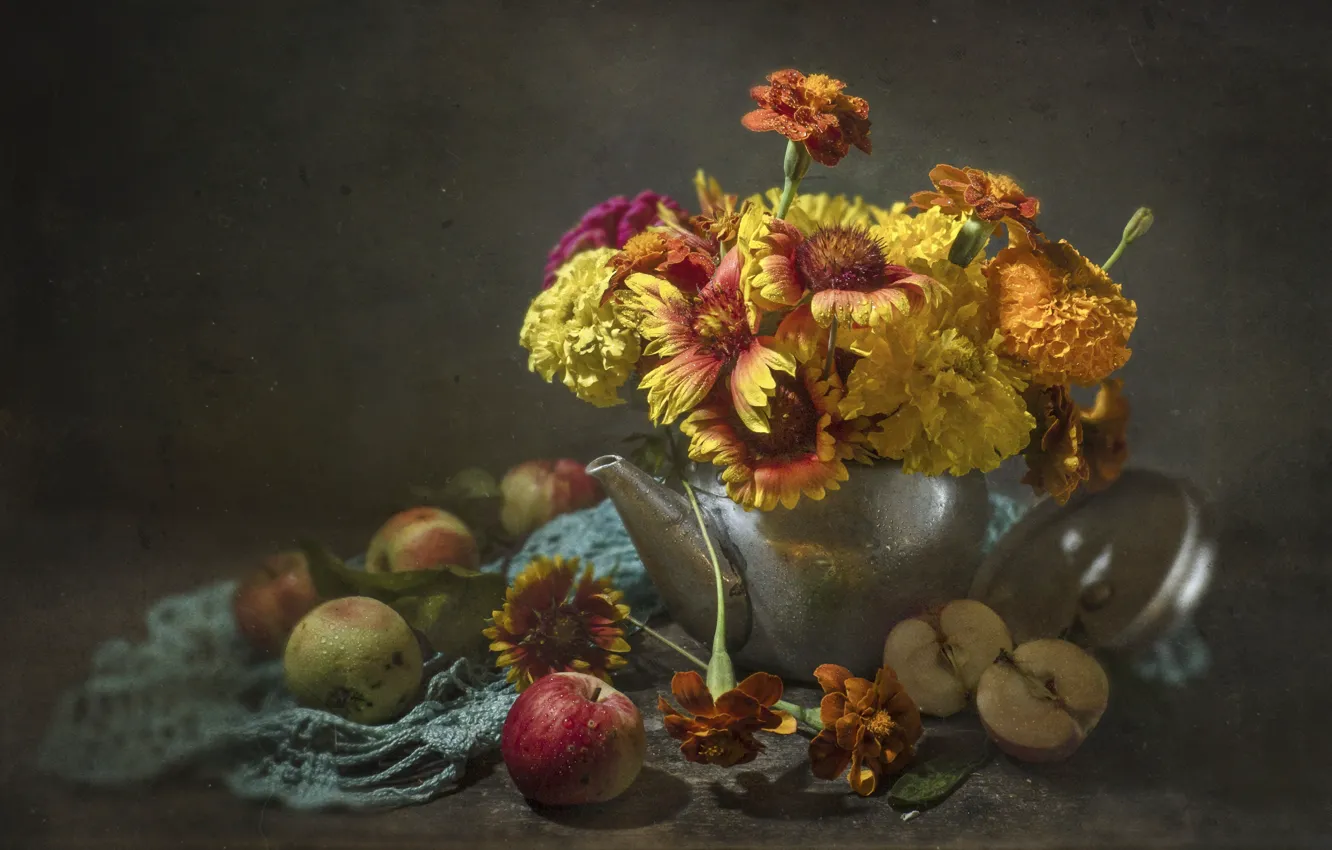 Photo wallpaper drops, flowers, table, apples, bouquet, yellow, kettle, still life