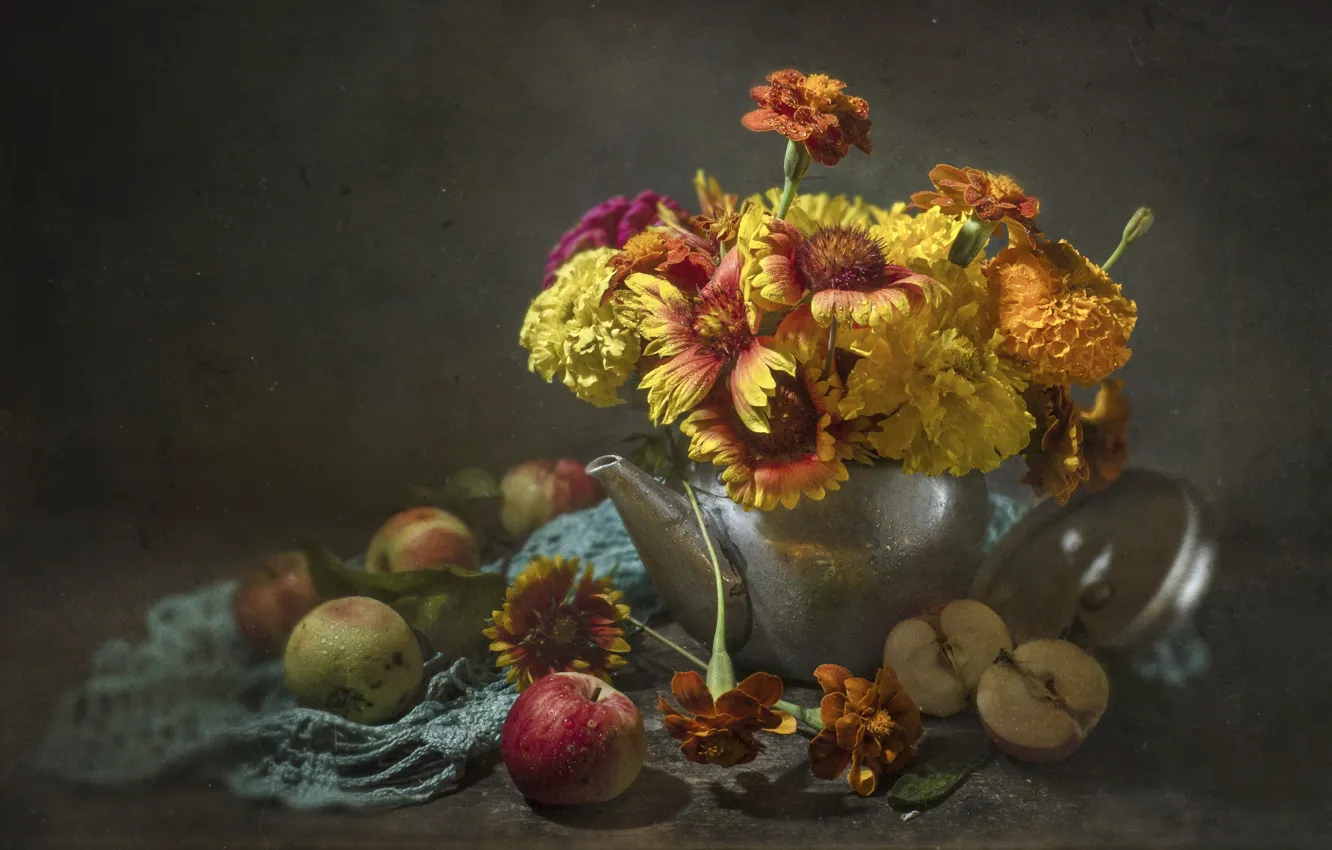 Photo wallpaper drops, flowers, yellow, table, apples, bouquet, kettle, still life