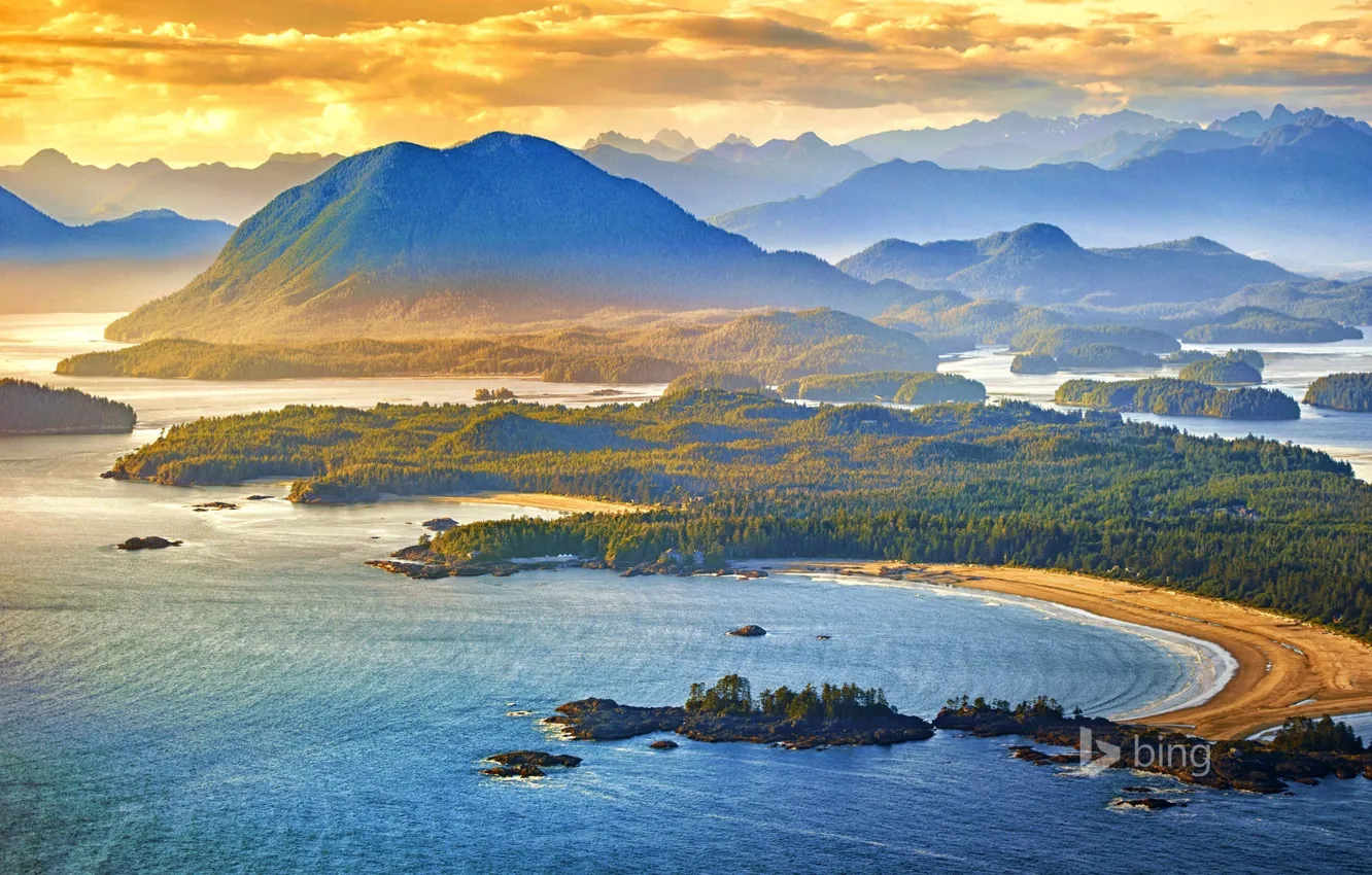 Photo wallpaper sea, the sky, clouds, sunset, mountains, Canada, British Columbia, clayoquot sound