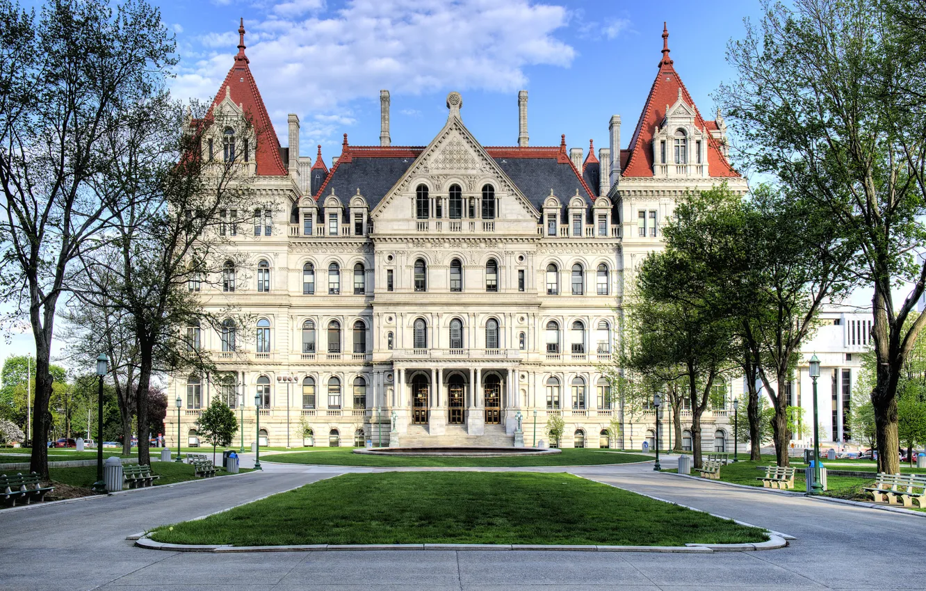 Photo wallpaper the sky, trees, landscape, Park, USA, Capitol, bench, Albany